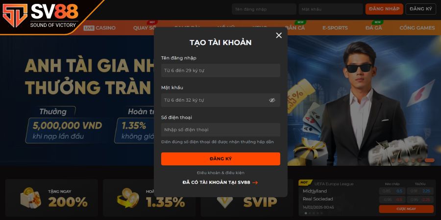 Hoàn tất form tạo tài khoản cược mới