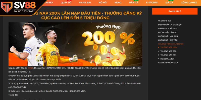 Thưởng nạp 200% nhận tới 5,000,000 VNĐ